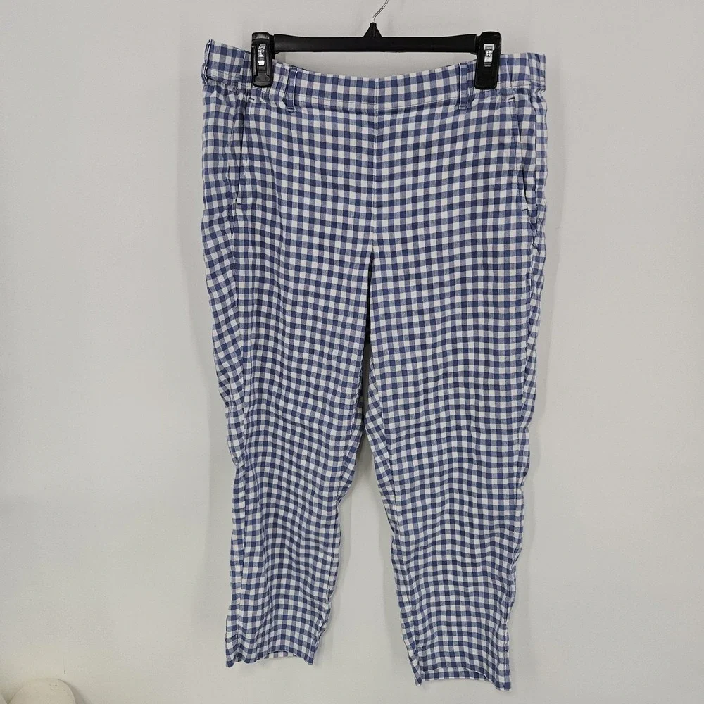 J Jill Linen Stretch Pants Women L Blue Gingham Check‎ Crop Cottagecore Picnic